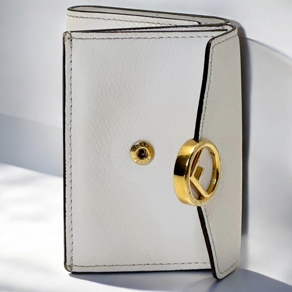FENDI White Trifold Micro Wallet Grained Leather New F Logo Gold Snap 8M0395 - Picture 3 of 16